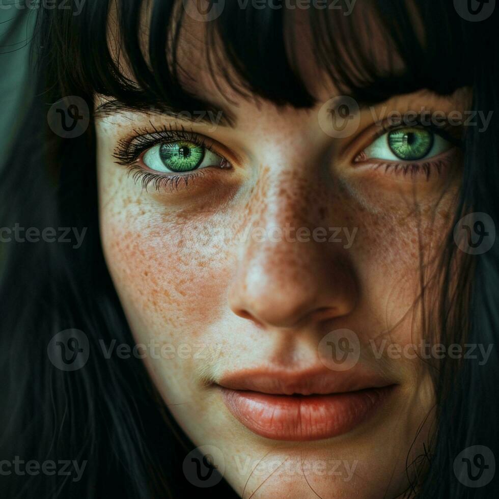 ai generado un hermosa mujer con verde ojos y negro pelo en de cerca foto