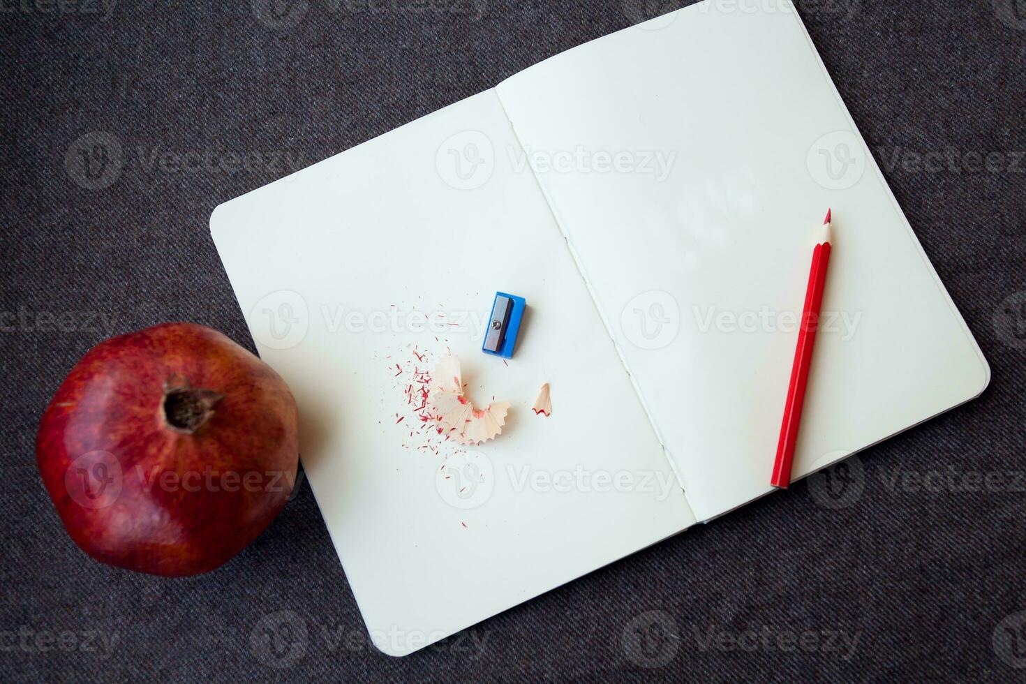 cuaderno con lápiz y virutas foto