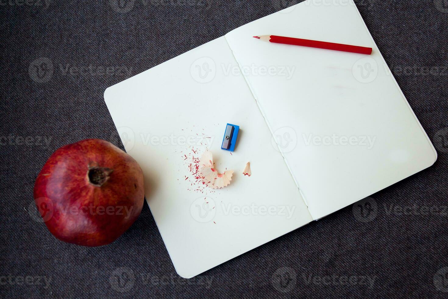 cuaderno con lápiz y virutas foto