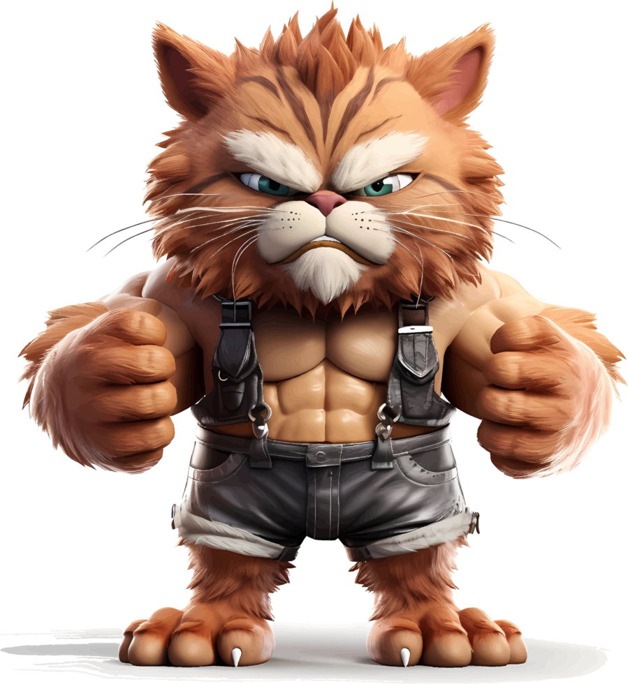 AI generated Cat with a body full of muscles, with an angry but cute and adorable expression, 3d, clipart isolated on a transparent background png