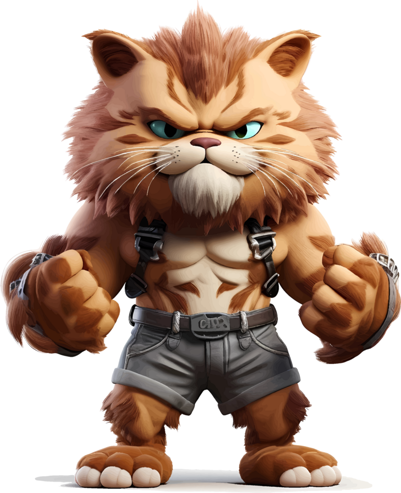 AI generated Cat with a body full of muscles, with an angry but cute and adorable expression, 3d, clipart isolated on a transparent background png