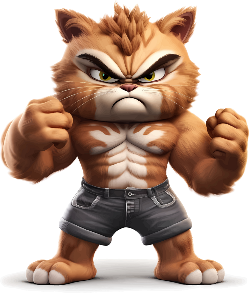 AI generated Cat with a body full of muscles, with an angry but cute and adorable expression, 3d, clipart isolated on a transparent background png