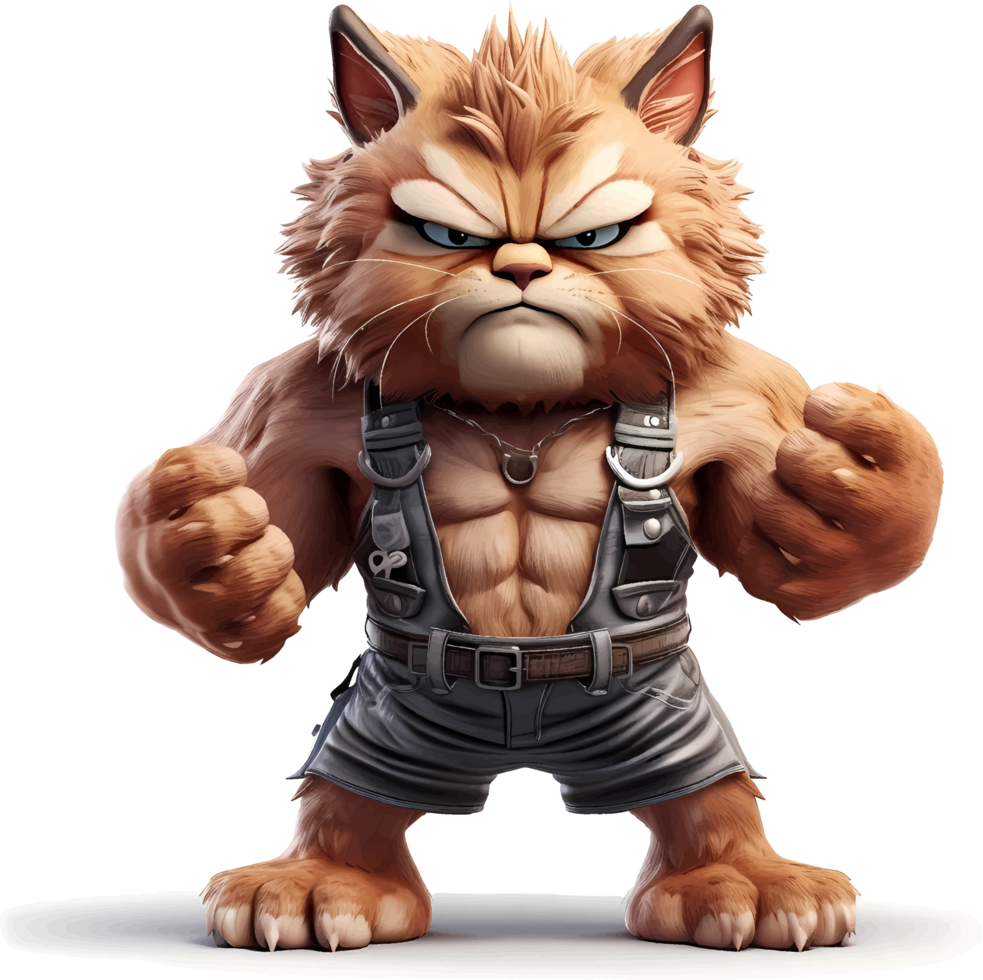 AI generated Cat with a body full of muscles, with an angry but cute and adorable expression, 3d, clipart isolated on a transparent background png