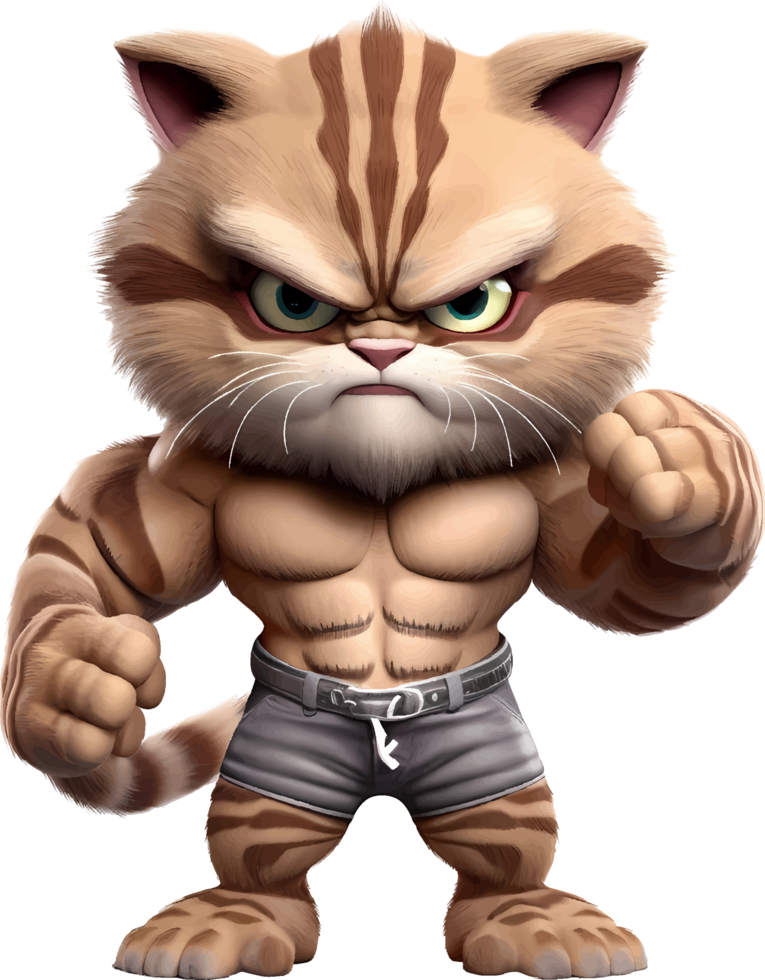 AI generated Cat with a body full of muscles, with an angry but cute and adorable expression, 3d, clipart isolated on a transparent background png