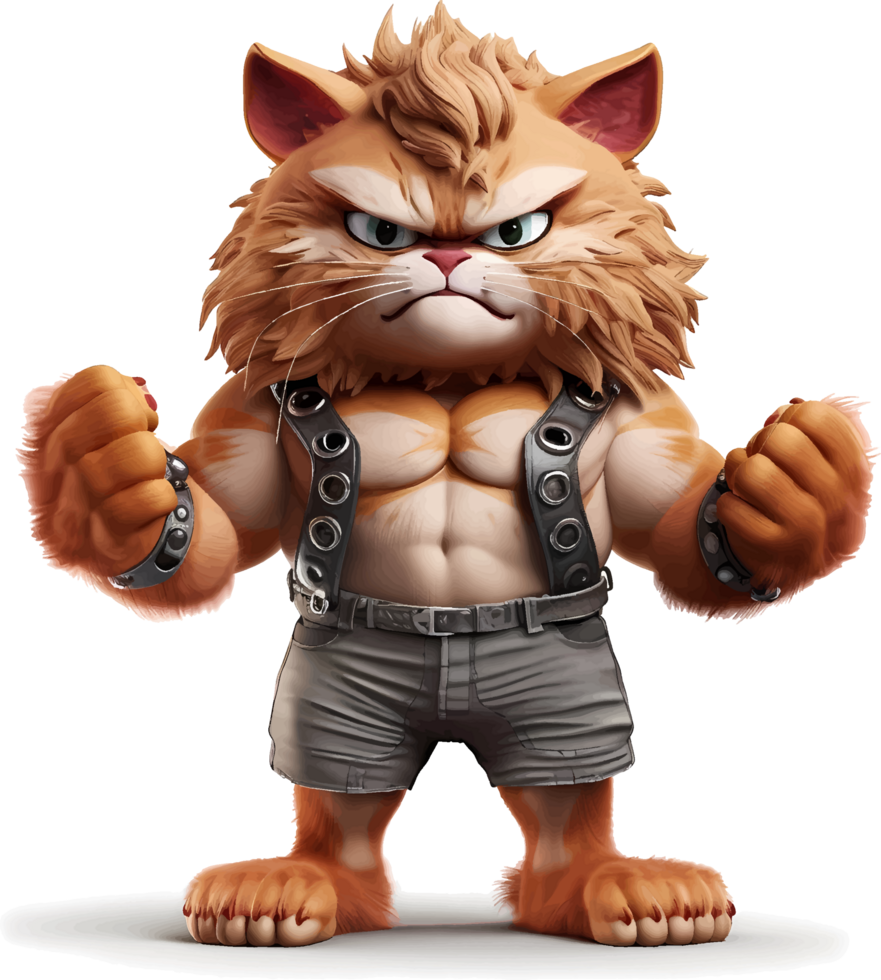 AI generated Cat with a body full of muscles, with an angry but cute and adorable expression, 3d, clipart isolated on a transparent background png
