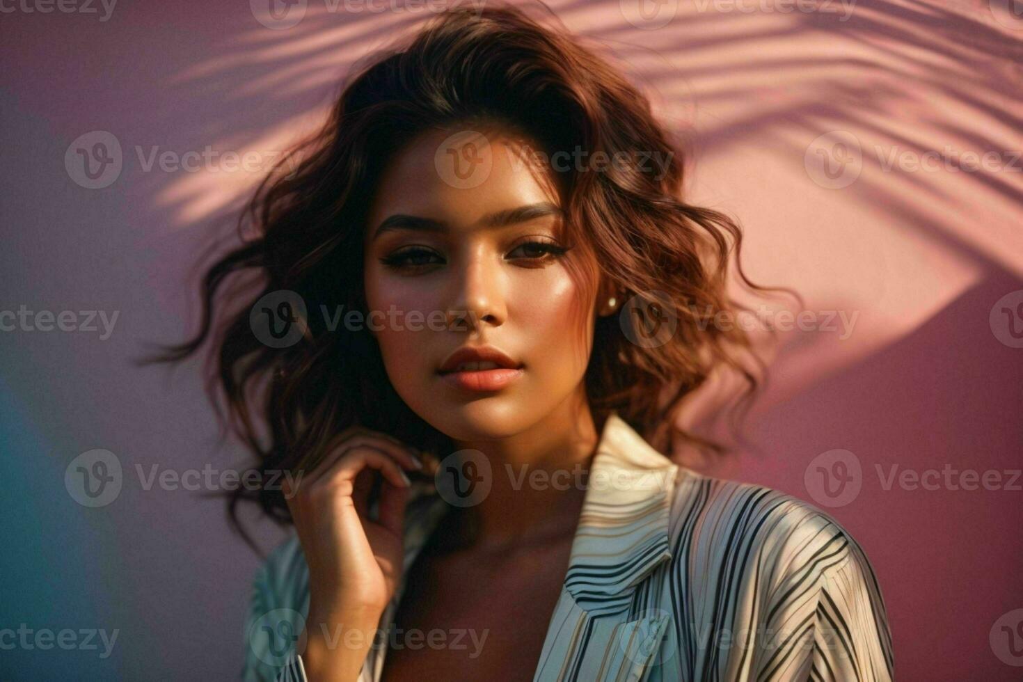 AI generated Stunning beautiful young woman with high contrast shadow and fashionable style photo