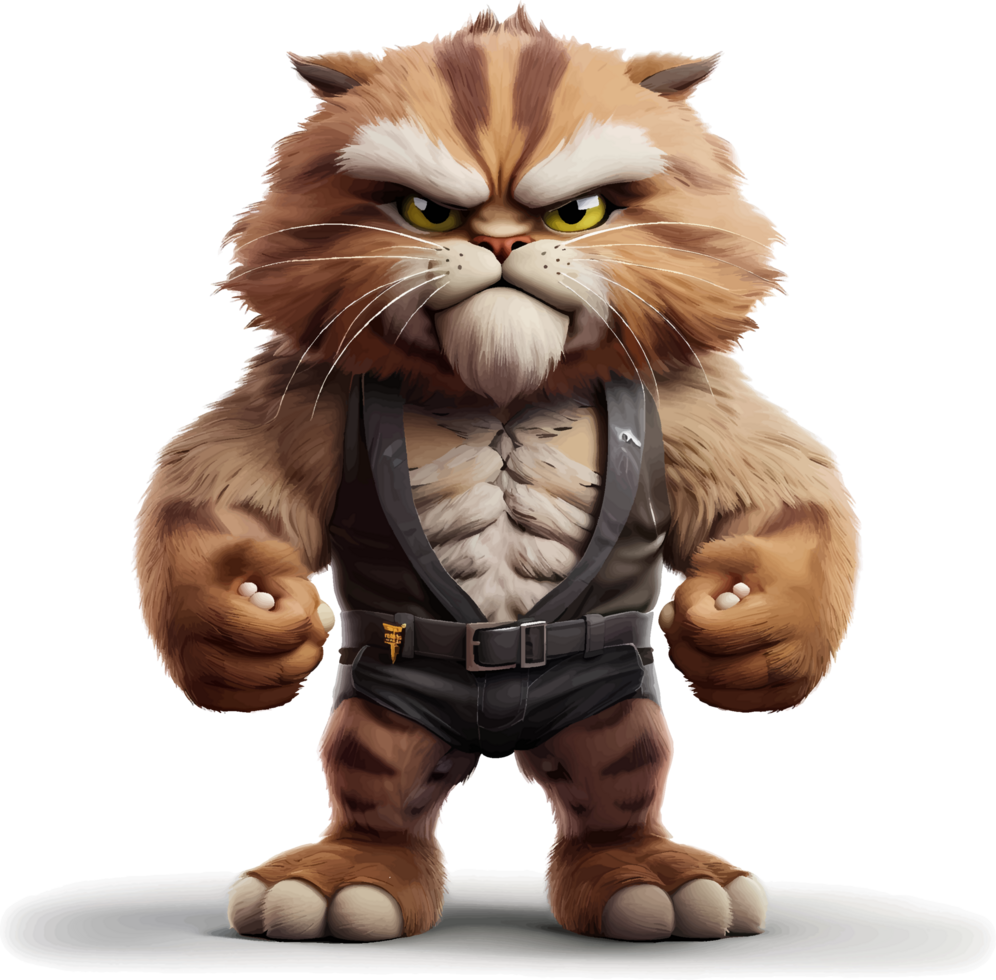 AI generated Cat with a body full of muscles, with an angry but cute and adorable expression, 3d, clipart isolated on a transparent background png
