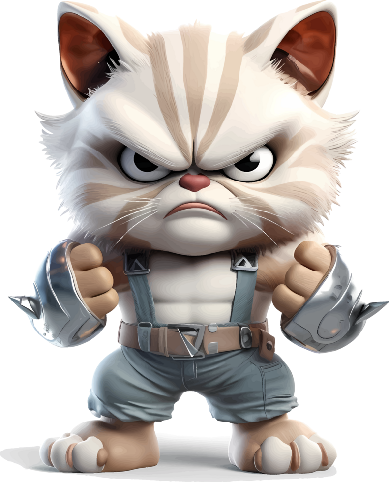 AI generated Cat with a body full of muscles, with an angry but cute and adorable expression, 3d, clipart isolated on a transparent background png