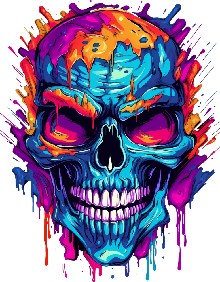 AI generated Scary Halloween skulls in bright colors, on a transparent background, for t-shirt or sticker designs ready to print png