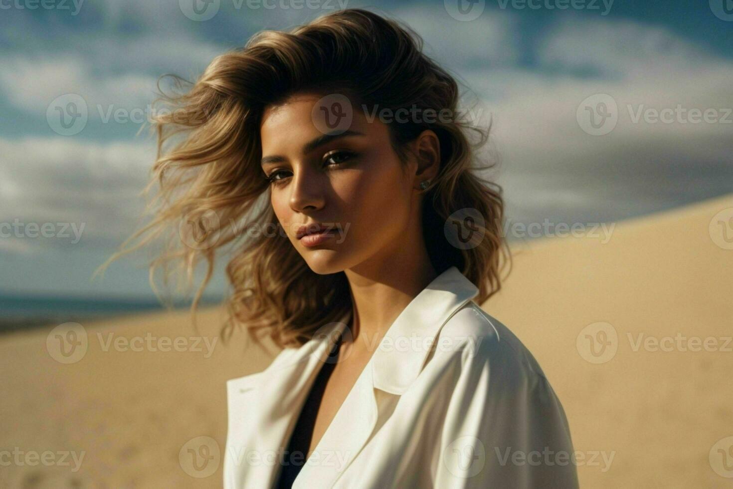 AI generated Stunning beautiful young woman with high contrast shadow and fashionable style photo