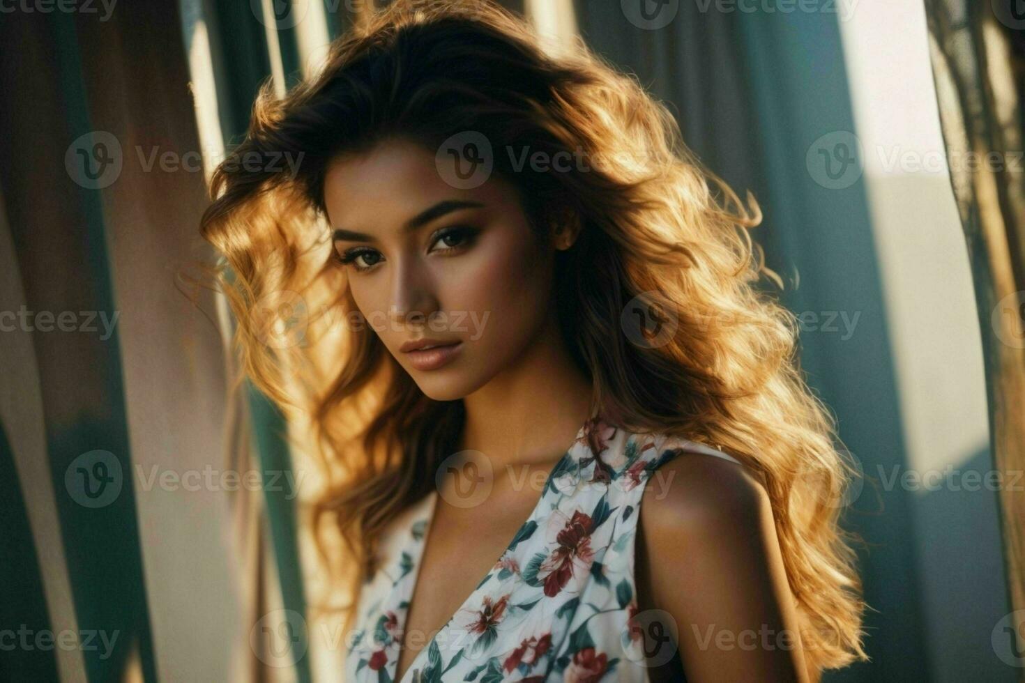 AI generated Stunning beautiful young woman with high contrast shadow and fashionable style photo