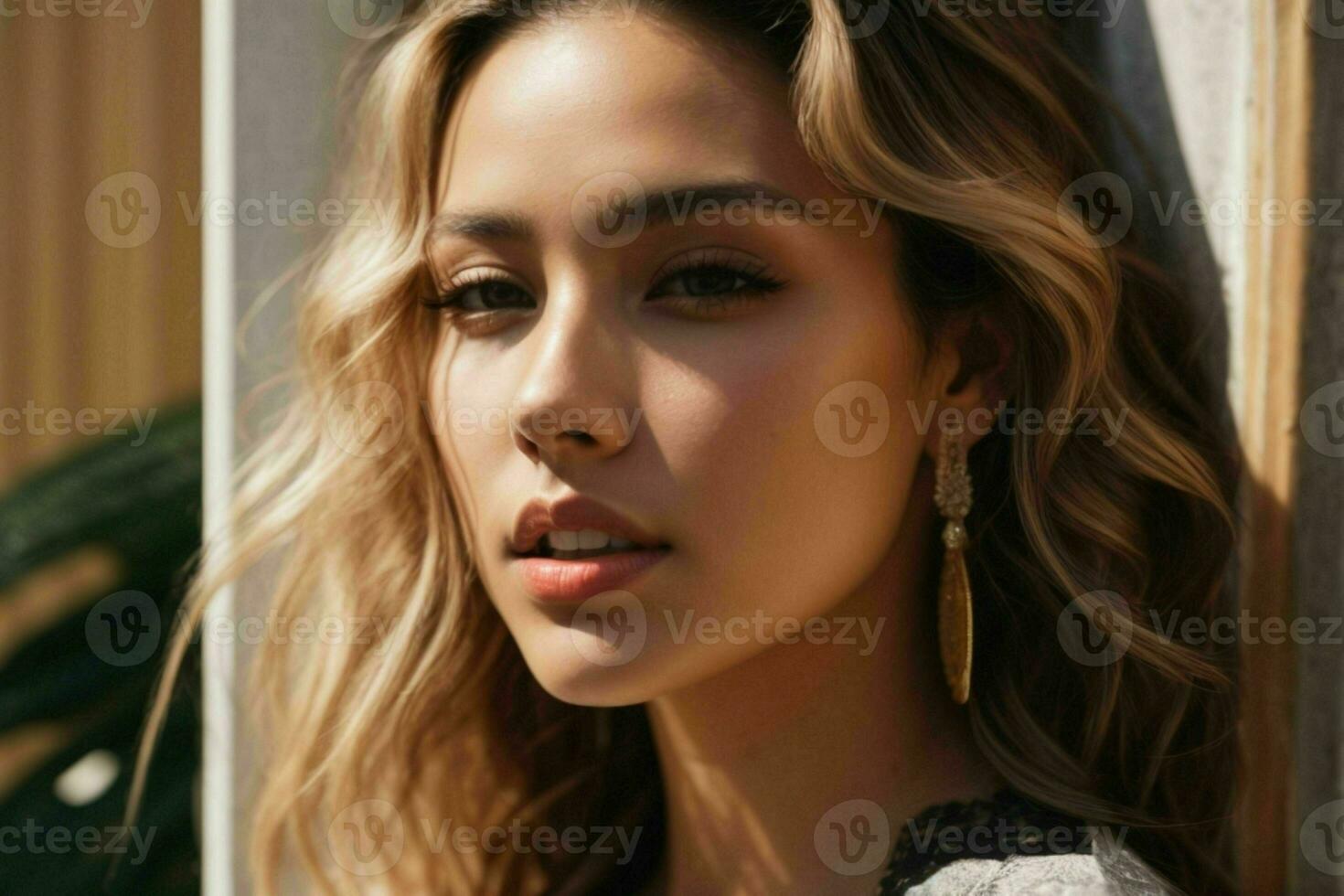 AI generated Stunning beautiful young woman with high contrast shadow and fashionable style photo