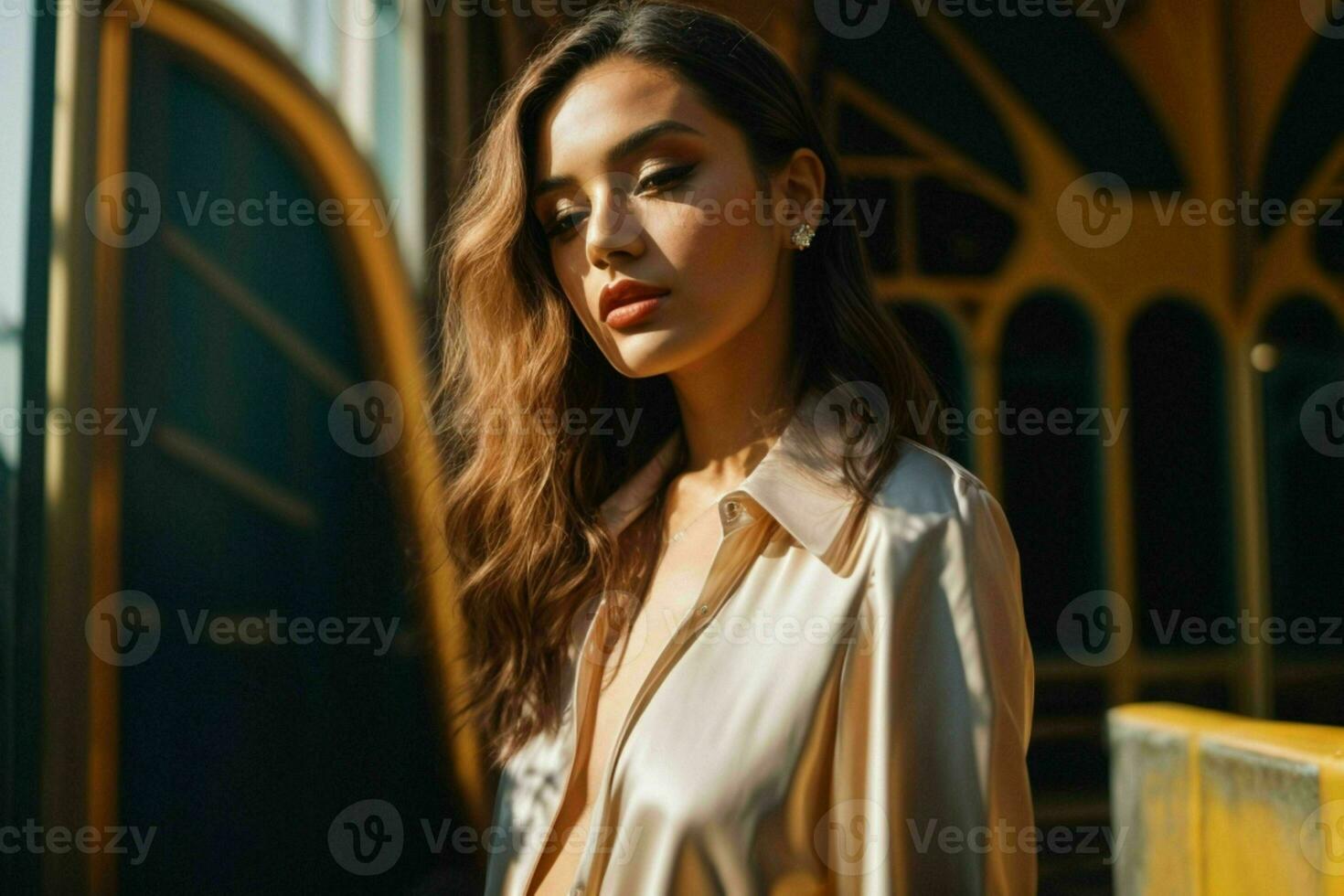 AI generated Stunning beautiful young woman with high contrast shadow and fashionable style photo