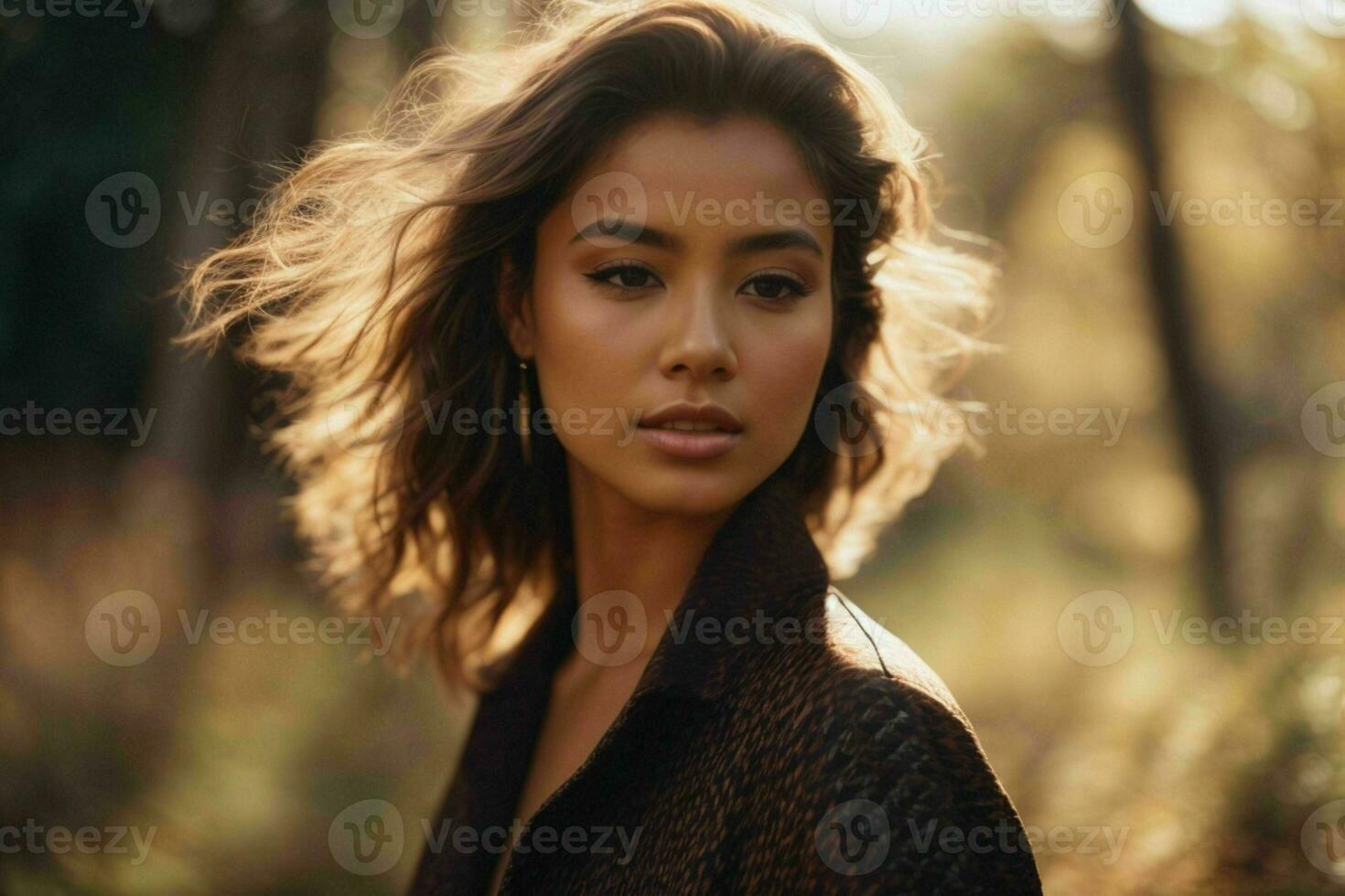AI generated Stunning beautiful young woman with high contrast shadow and fashionable style photo