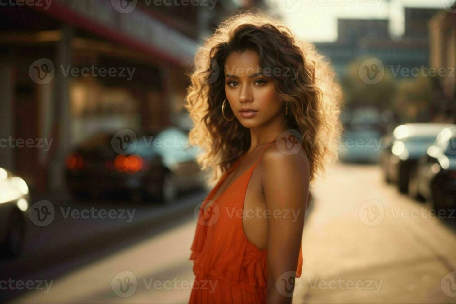 AI generated Stunning beautiful young woman with high contrast shadow and fashionable style photo
