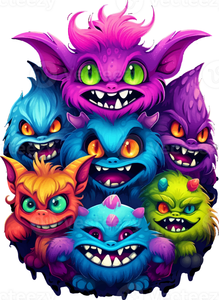 AI generated Scary but adorable Halloween furry monster babies in bright colors, on a transparent background, for t-shirt or sticker designs ready to print png