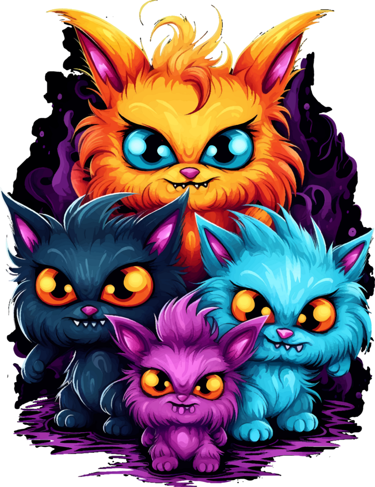 AI generated Scary but adorable Halloween furry monster babies in bright colors, on a transparent background, for t-shirt or sticker designs ready to print png