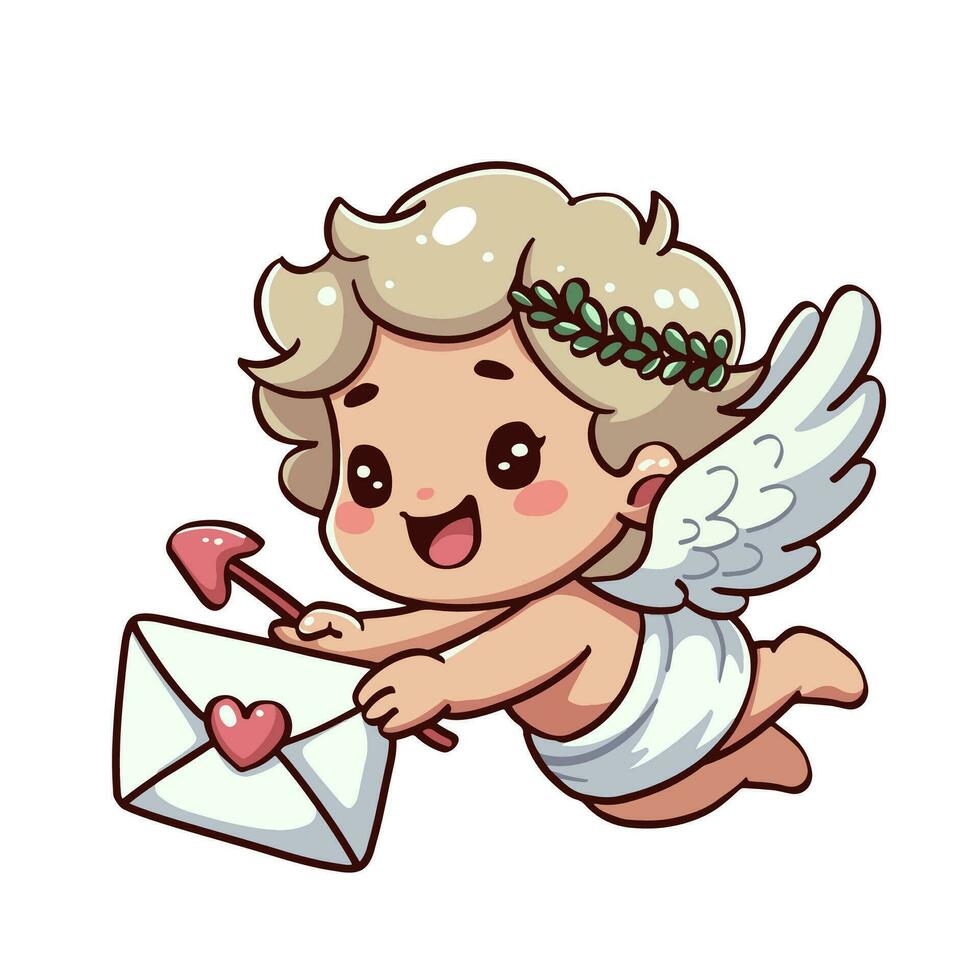 contento linda pequeño ángel participación un arco y un amor carta, bebé Cupido, Dios Eros. San Valentín día dibujos animados vector