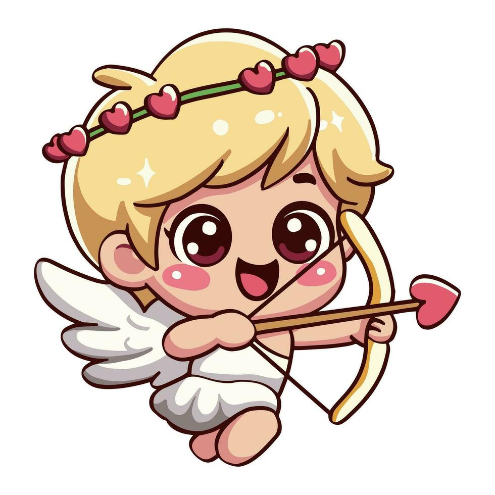 contento linda pequeño ángel participación un arco y un amor carta, bebé Cupido, Dios Eros. San Valentín día dibujos animados vector