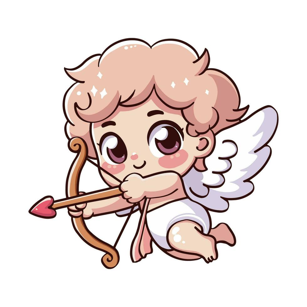 contento linda pequeño ángel participación un arco y un amor carta, bebé Cupido, Dios Eros. San Valentín día dibujos animados vector
