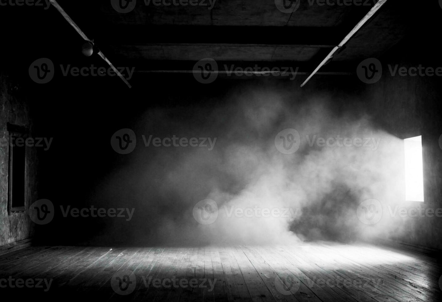 a black and white photo of a room with smoke coming out of the windows