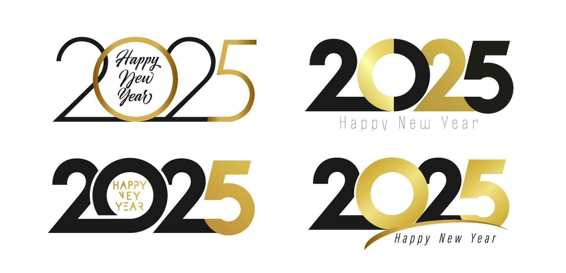 Set of creative number icons. Happy New Year 2025 design concepts. Two colors template. Typographic congrats. Greeting card collection. Black and gold graphics. Trendy typography. Holiday decoration. vector