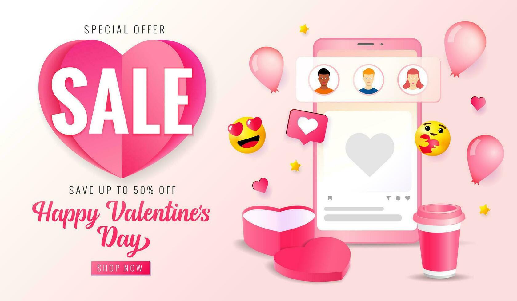 Valentine's day Sale 50 percent off, social media web banner. Happy Valentine's Day special offer template vector