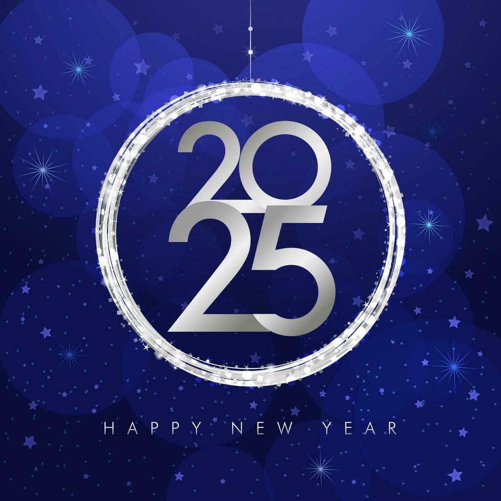 Happy New Year 2025 square greeting card with decorative ball and shiny glitters. Creative round icon vector