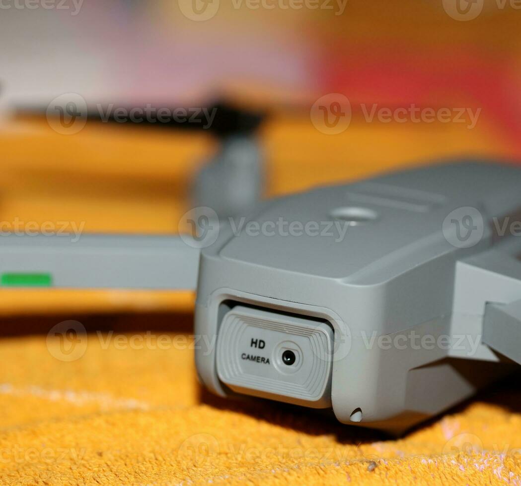 Macro view drone sensor and drone propeller focus is on second propeller droning concept video film making operator rent equipment backgrounds high quality footage photo