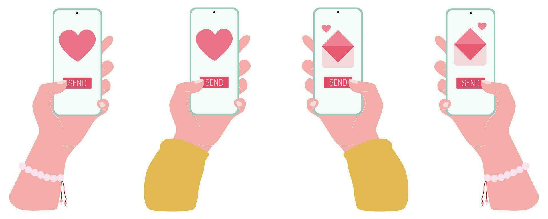 Hand hold Smartphone Vector Set. Send or receive Love sms, Letter, email with Mobile phone. Valentines day Flat illustration on white. Love chatting collection for Poster, Banner, Card, Promotion.