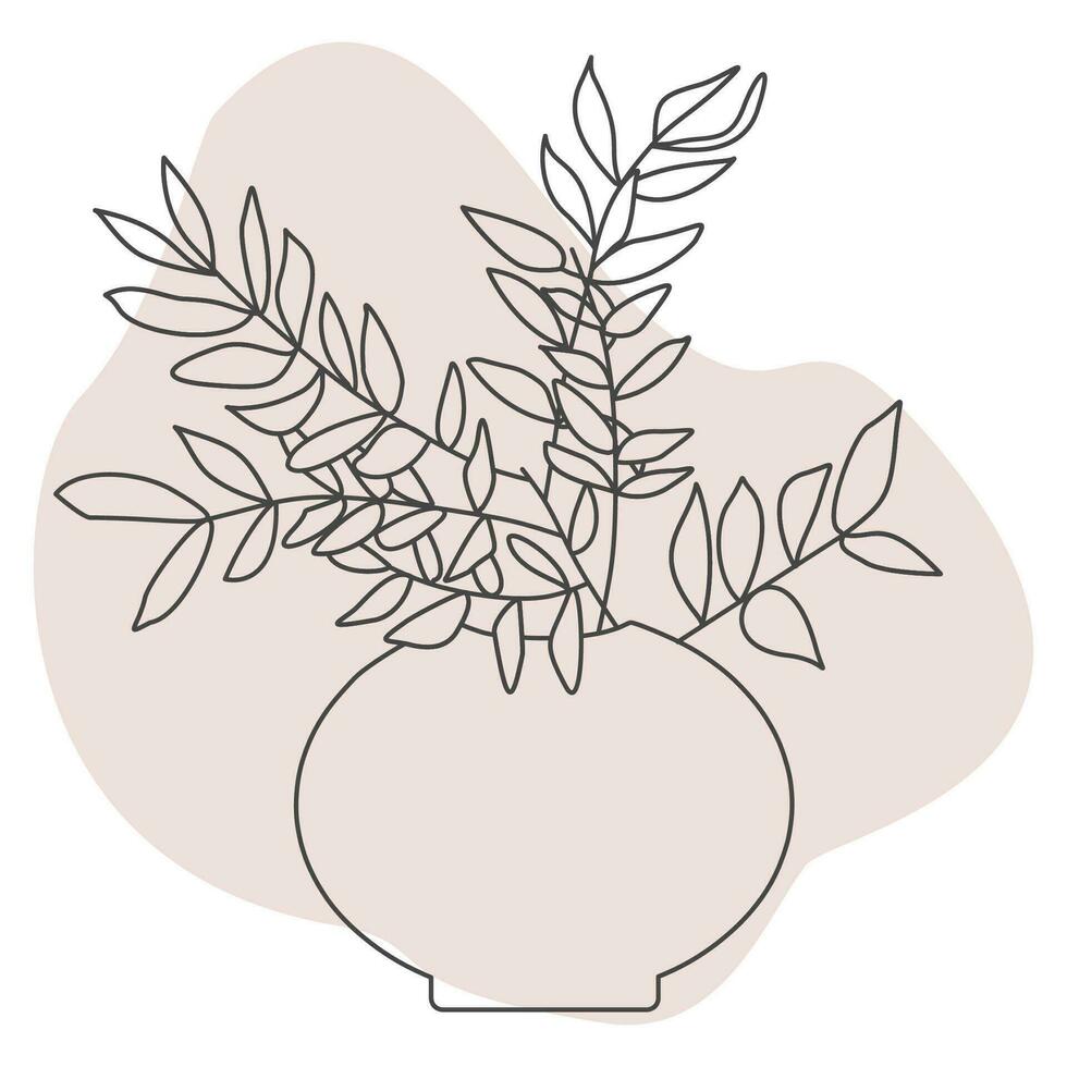 Line art twig with leaves in a vase. Solid Outline drawing of botanist in Flower pot. Black Contour and color spot. Modern design Vector illustration isolated on white background for Card, Wall Decor