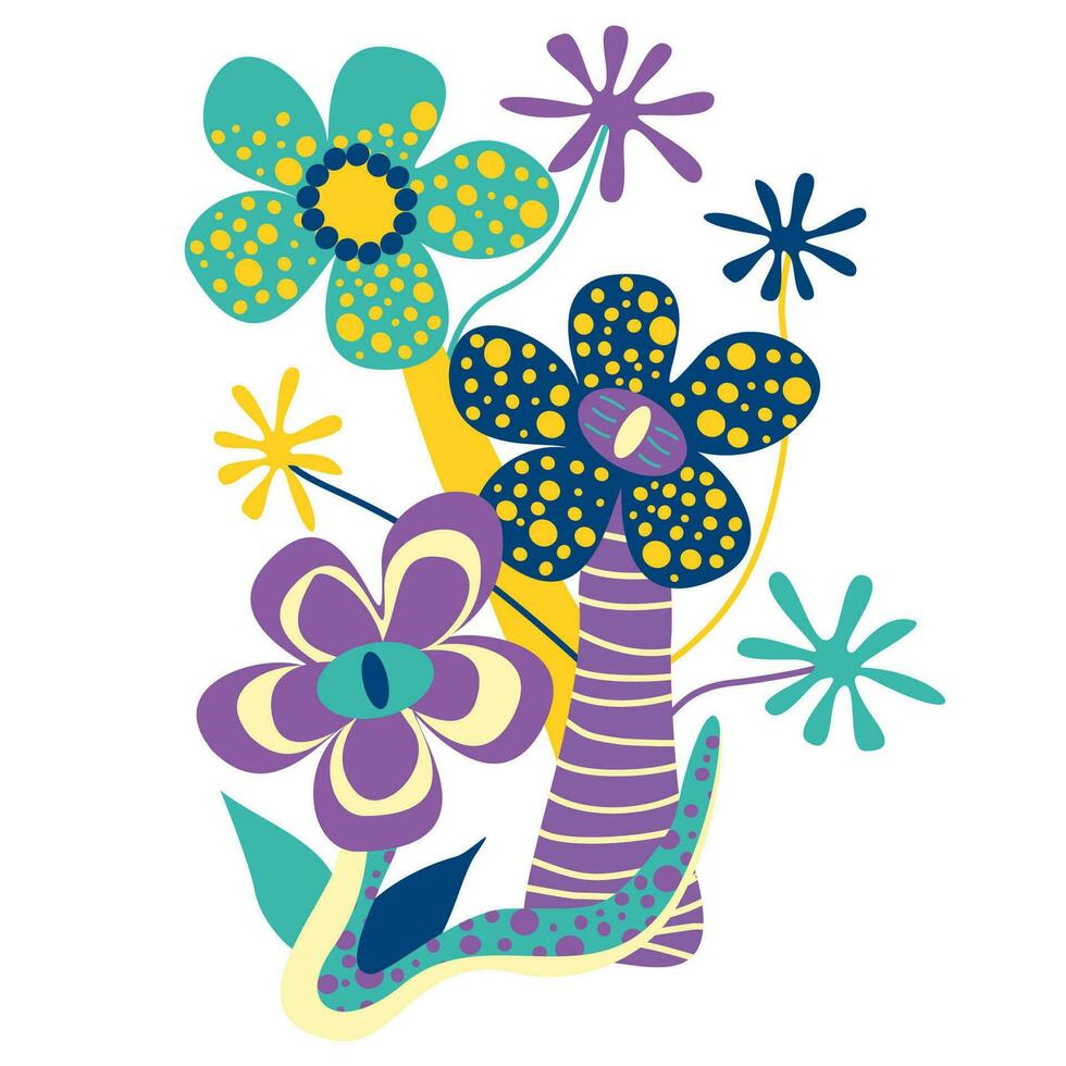 Group Fantasy flower, cartoon Fairy plant. Vector unusual fungi with Dotted petals, Eye and Flowers. Fairytale element for game, alien flora, hallucinogenic botany. Flat cartoon Isolated design object