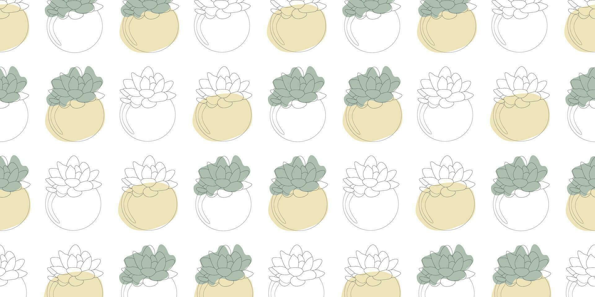 Succulent Seamless pattern Vector Line art illustration with Spots. Cute Plant in Flower pot. Mexican house Botany. Natural fun home decor element. Template for Textile, Fabric, Wrapping paper.