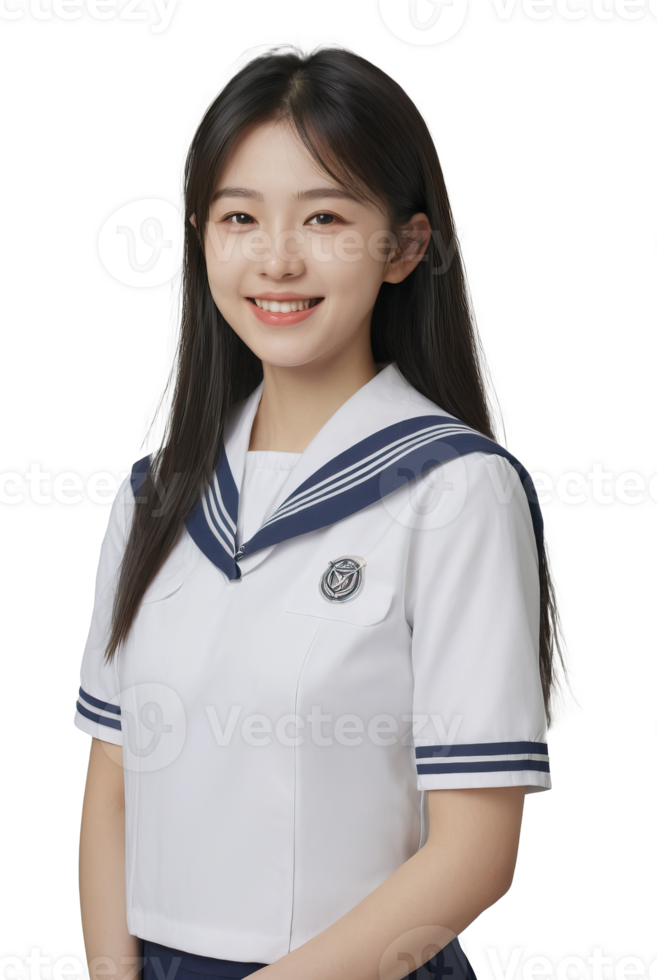 ai generado un hermosa sonriente asiático niña con japonés colegio marinero uniforme en transparente antecedentes png