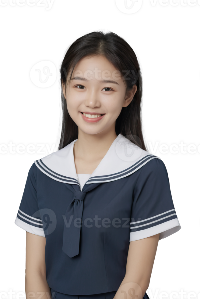 ai generado un hermosa sonriente asiático niña con japonés colegio marinero uniforme en transparente antecedentes png