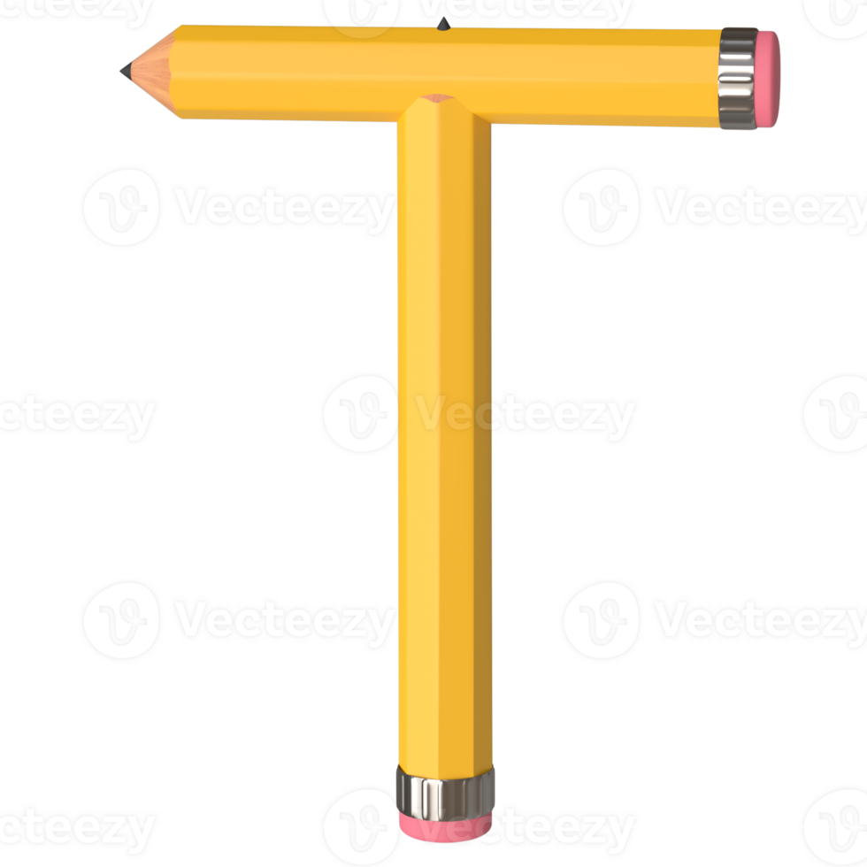Realistic 3d rendering of Alphabet letter T, pencil shape in yellow color, high quality image for graphics element png