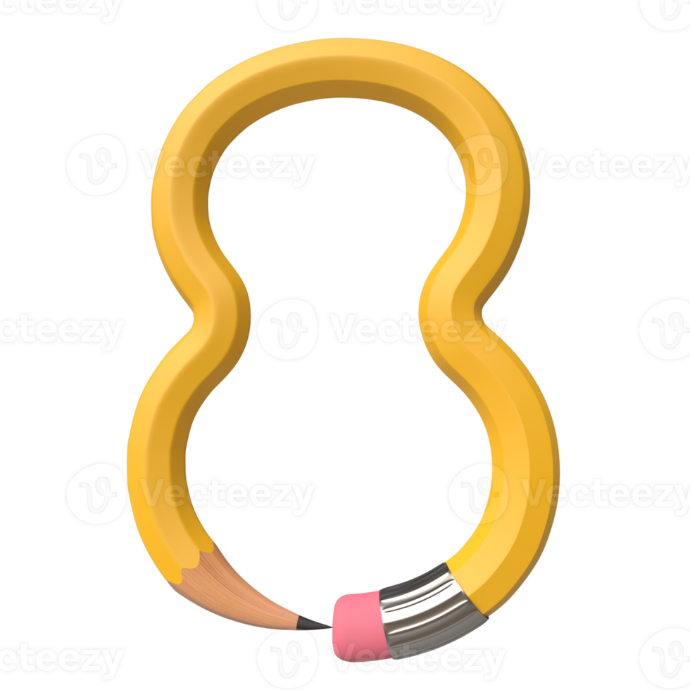 Realistic 3d rendering of Alphabet Number 8, pencil shape in yellow color, high quality image for graphics element png