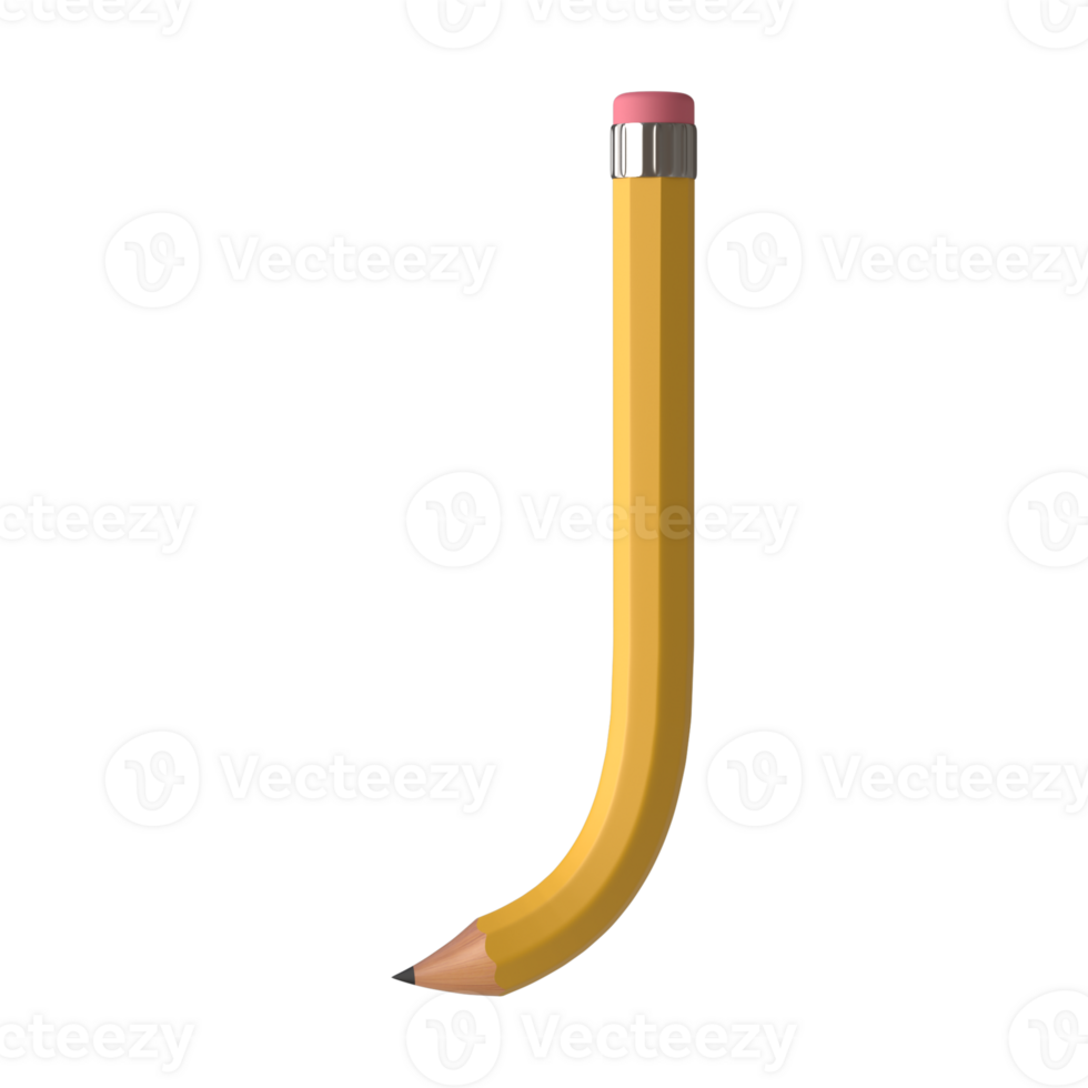 Realistic 3d rendering of Alphabet letter J, pencil shape in yellow color, high quality image for graphics element png