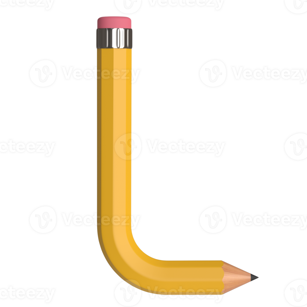 Realistic 3d rendering of Alphabet letter L, pencil shape in yellow color, high quality image for graphics element png