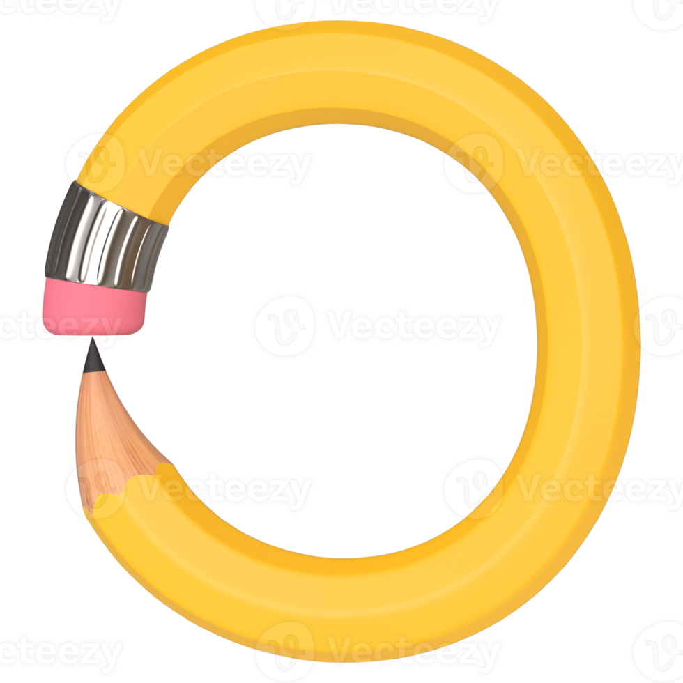Realistic 3d rendering of Alphabet letter O, pencil shape in yellow color, high quality image for graphics element png