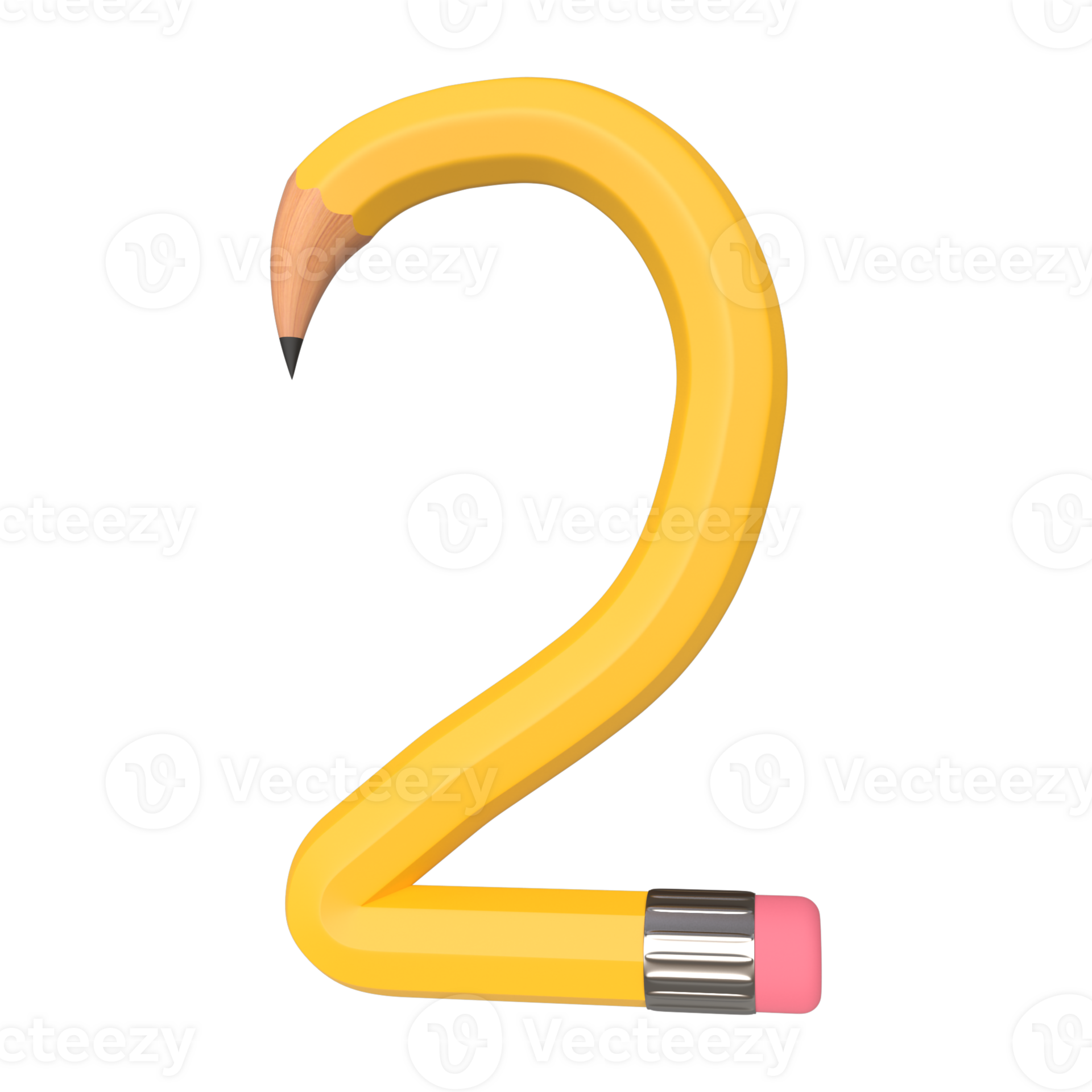 Realistic 3d rendering of Alphabet Number 2, pencil shape in yellow