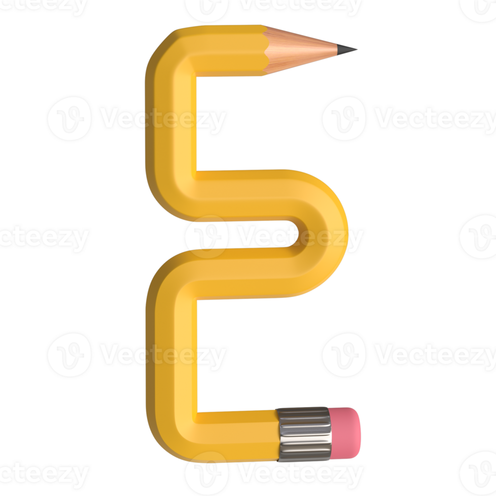 Realistic 3d rendering of Alphabet letter E, pencil shape in yellow color, high quality image for graphics element png