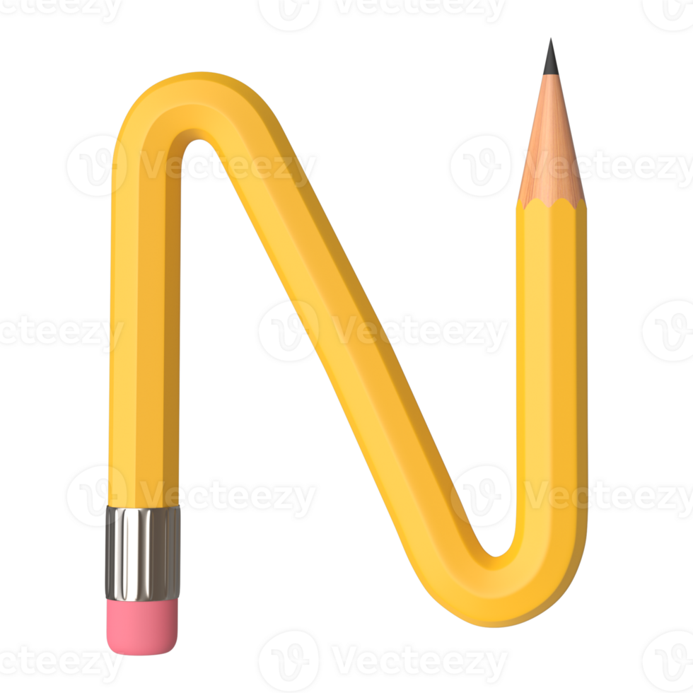 Realistic 3d rendering of Alphabet letter N, pencil shape in yellow color, high quality image for graphics element png