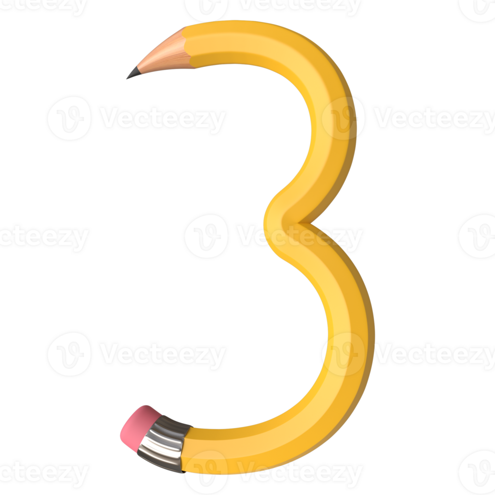 Realistic 3d rendering of Alphabet Number 3, pencil shape in yellow color, high quality image for graphics element png