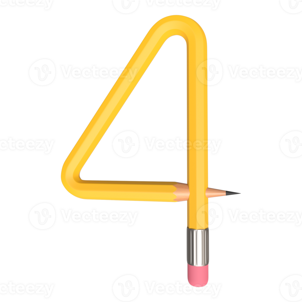 Realistic 3d rendering of Alphabet Number 4, pencil shape in yellow color, high quality image for graphics element png