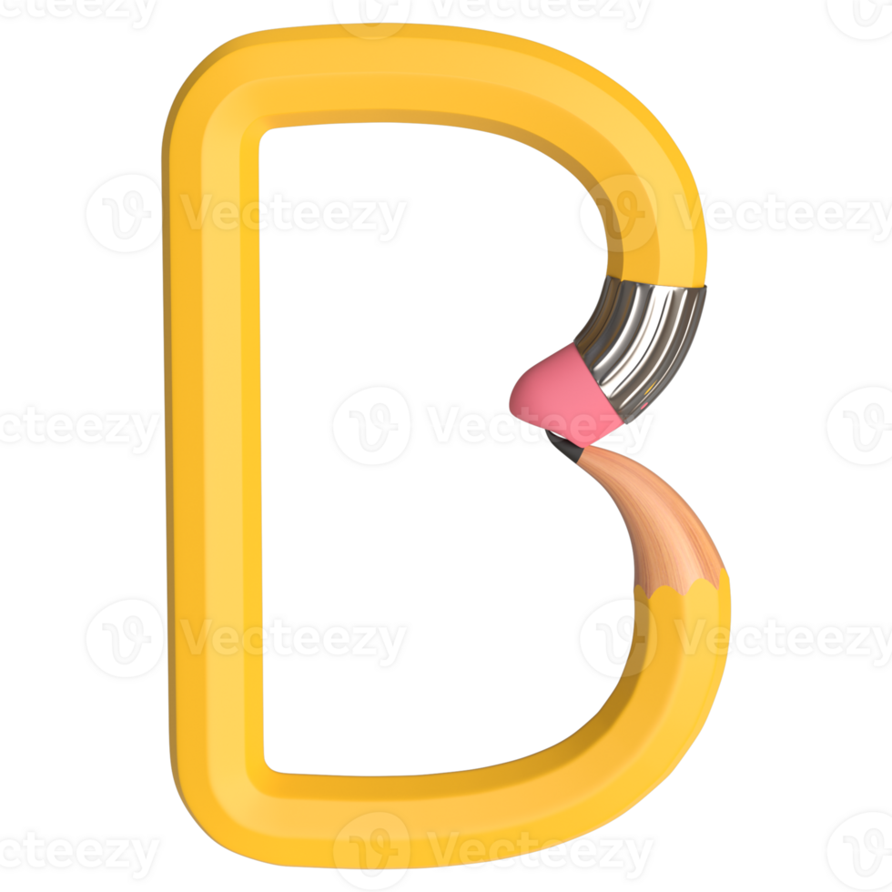 Realistic 3d rendering of Alphabet letter B, pencil shape in yellow color, high quality image for graphics element png