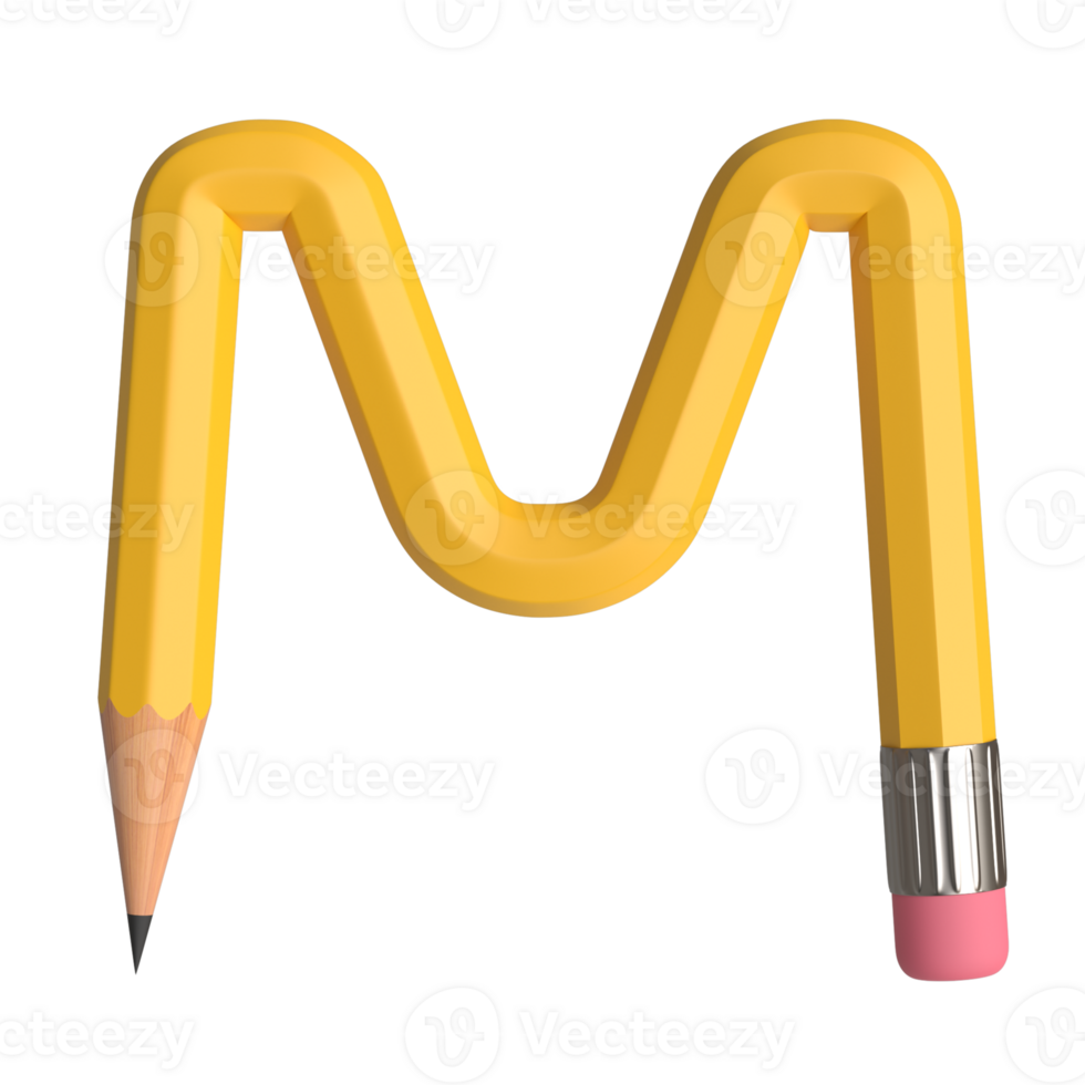 Realistic 3d rendering of Alphabet letter M, pencil shape in yellow color, high quality image for graphics element png