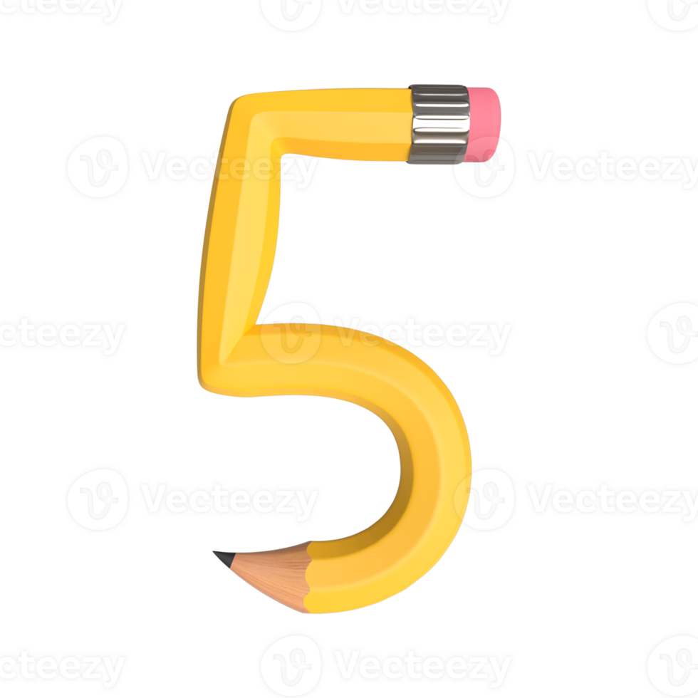 Realistic 3d rendering of Alphabet Number 5, pencil shape in yellow color, high quality image for graphics element png