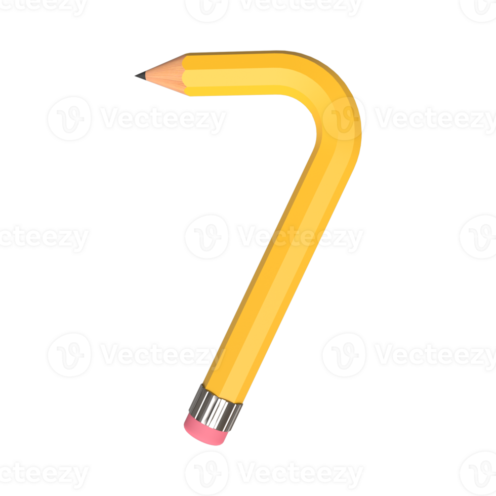 Realistic 3d rendering of Alphabet Number 7, pencil shape in yellow color, high quality image for graphics element png
