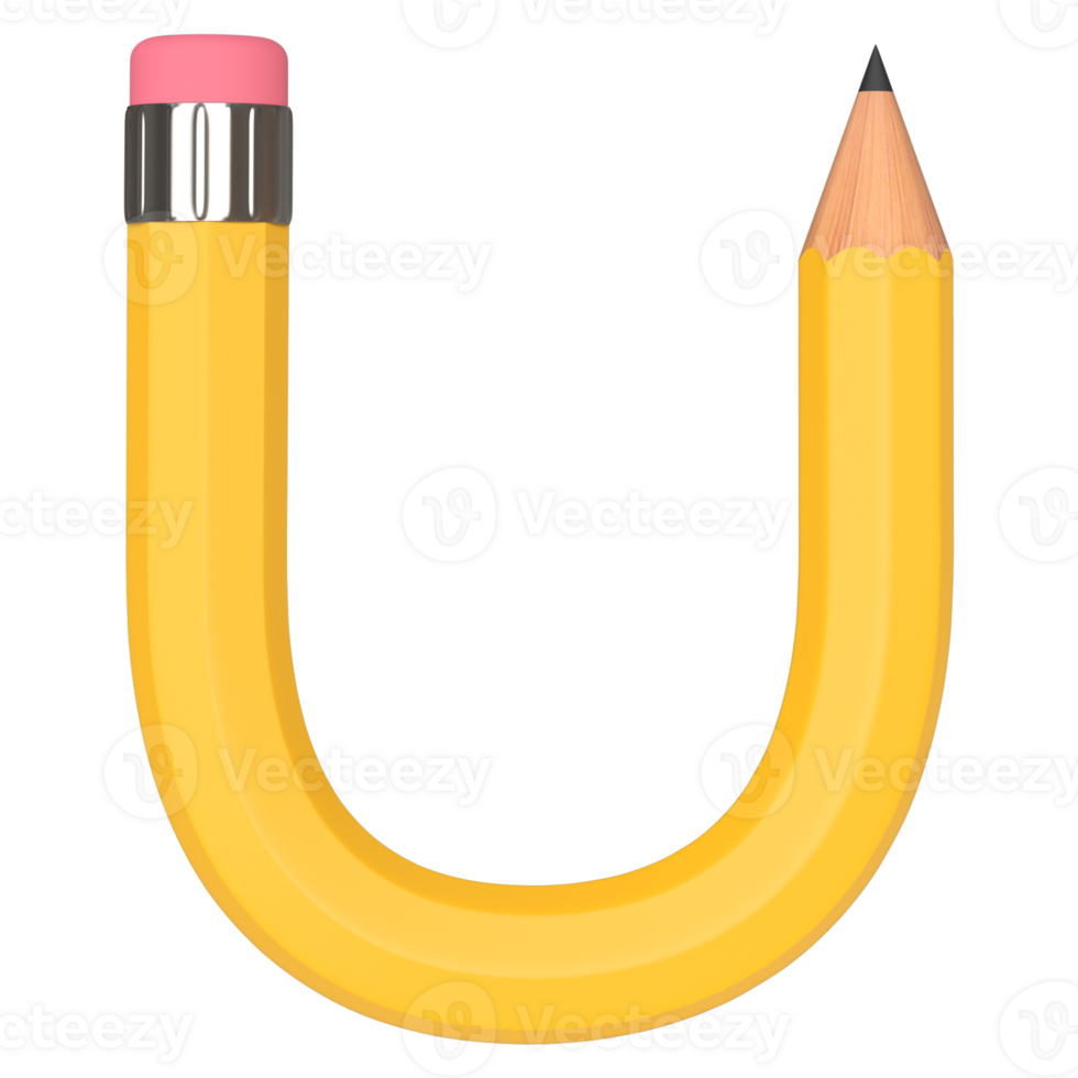 Realistic 3d rendering of Alphabet letter U, pencil shape in yellow color, high quality image for graphics element png